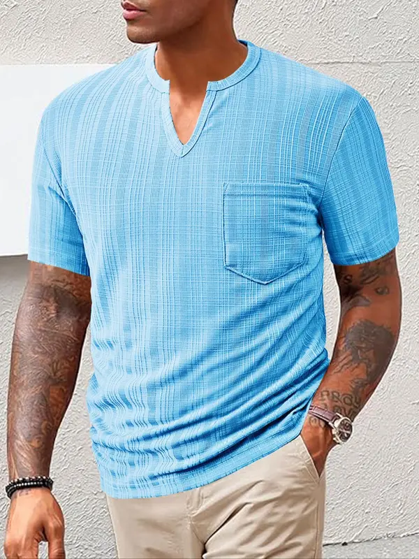 Men's Regular Fit Solid Notched Neck Tee, Casual Comfy Short Sleeve T-shirt for Summer, Fashion Men's Top for Daily Wear 2