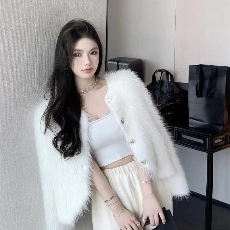 Áo Cardigan Dệt Kim, Lông Chồn Trắng, Dành Cho Nữ, Ngắn Và Dáng Rộng Vừa Vặn, Áo Khoác Len Cao Cấp Lưng Cao Top Women 1