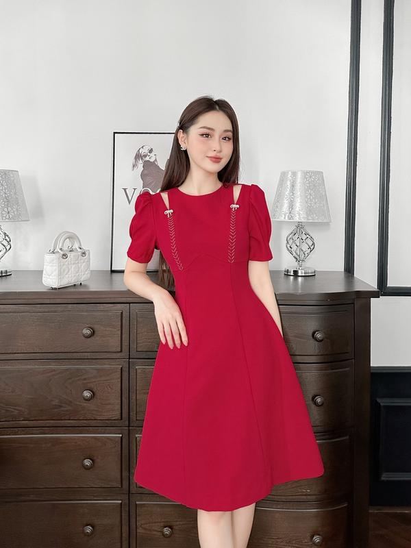 Váy đầm thiết kế cao cấp đi tiệc màu đỏ khoét vai tinh tế yv240 YAME Nữ Dress