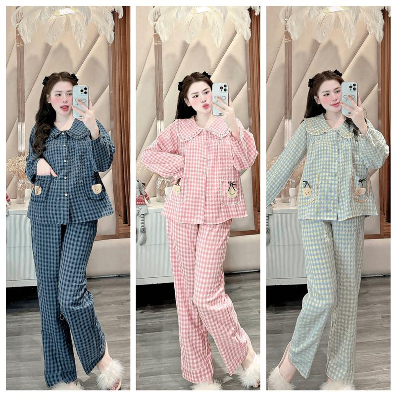 COMBO 2 Bộ Đồ Ngủ Nữ Tiểu Thư Kẻ Caro (Freesize 40-60kg) Chất Đũi Lạnh , Không Nhăn Bộ Pijama Mặc Nhà Dài Tay Bánh Bèo - C02