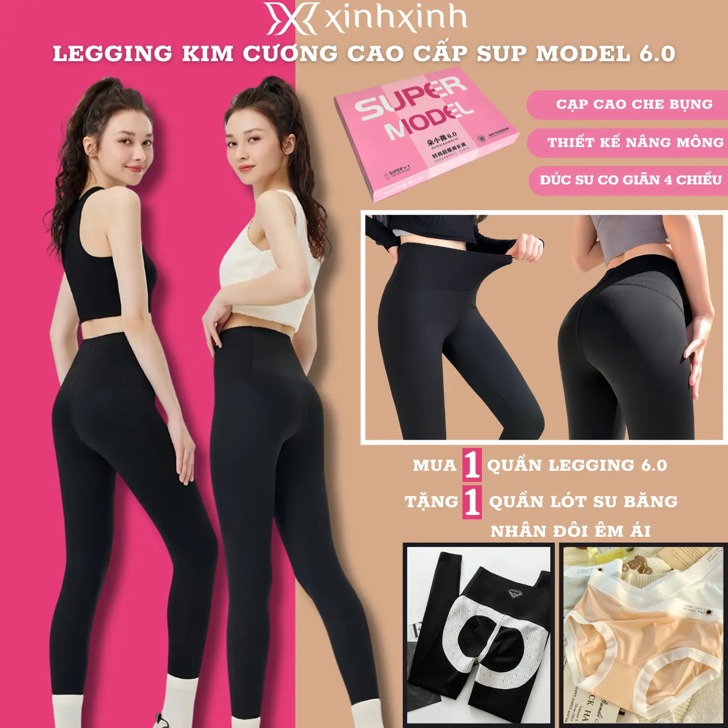 Quần Legging Bigsize Su Đúc Kim Cương Sup Model 6.0 Hộp Hồng Lót Định Hình Mông , Co Giãn 4 Chiều Cạp Cao Che Bụng Tôn Dáng - Tặng Kèm Quần Su Băng Cao Cấp Nữ