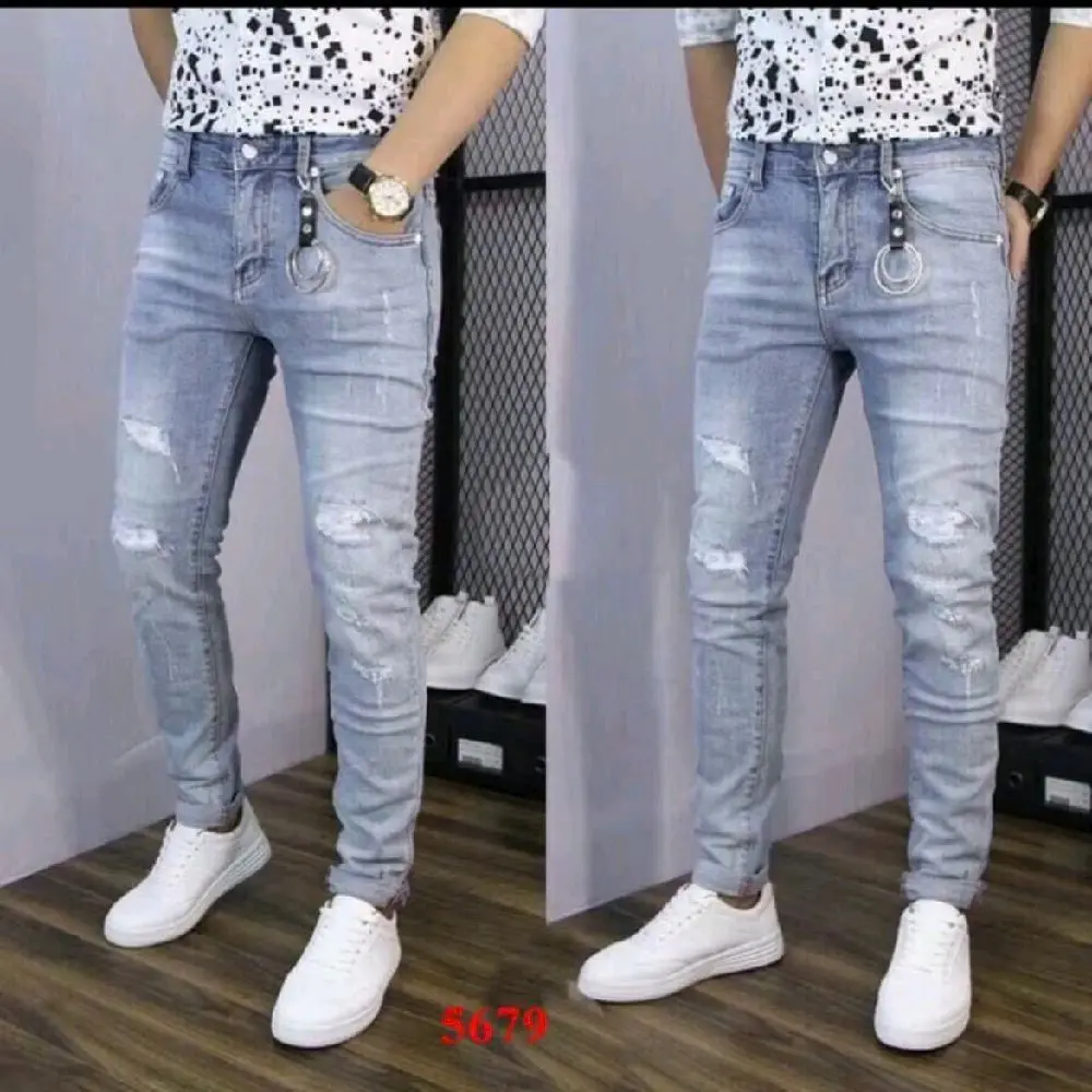 Quần jean nam màu xanh bạc rách co giãn 4 chiều chất bò mềm mại có túi