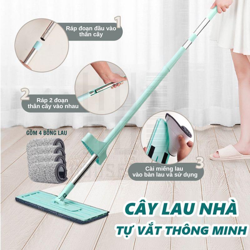 Cây lau sàn xoay 360 độ bông lau chữ nhật ô thấm hút tốt khô nhanh, dễ dàng làm sạch tặng 1 bông lau (tổng 2 bông lau) Cây Lau Nhà Inox cayla  umini