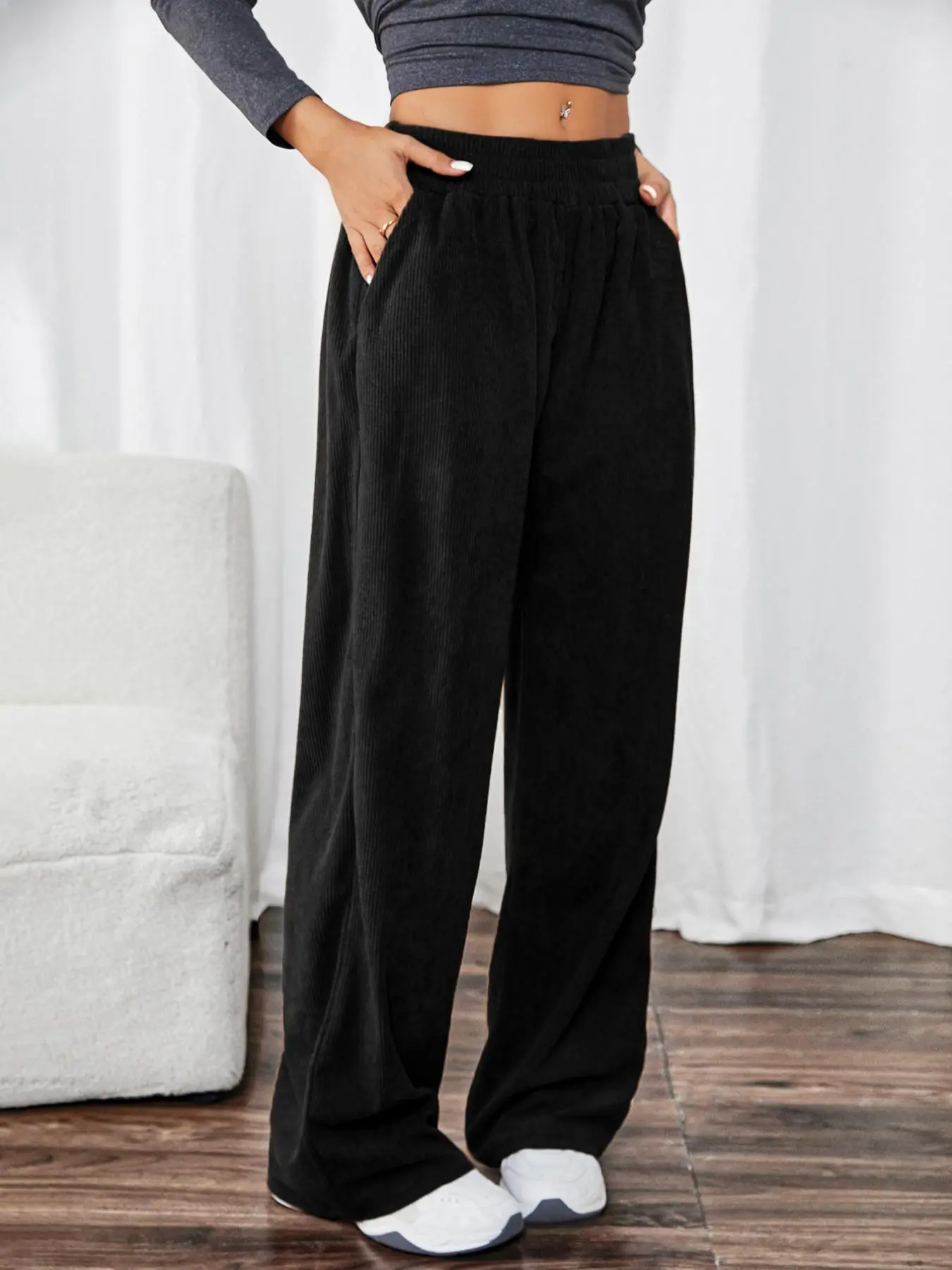 Women's Solid Pocket Elastic Waist Corduroy Pants, Casual Comfy Straight Leg Trousers for Outdoor Daily Wear, Ladies Bottoms for All Seasons