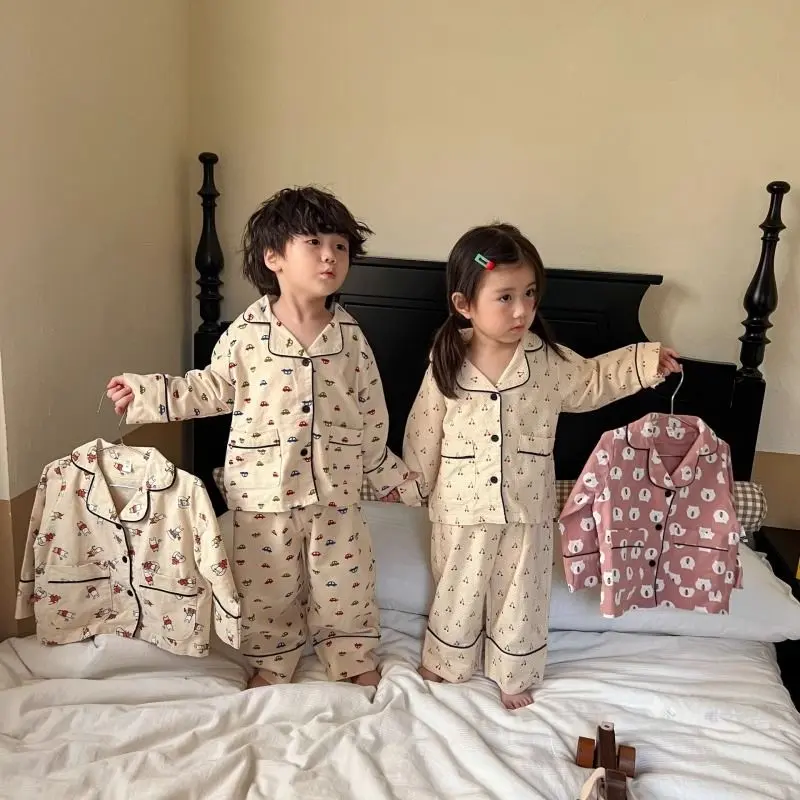 Đồ Ngủ Trẻ Em, Phong Cách Hàn Quốc, Bộ Đồ Cardigan, Cho Bé Trai Và Bé Gái, Quần Dài Tay Cho Bé, Thích Hợp Cho Mùa Xuân Và Mùa Thu, Bộ Sưu Tập Mới Năm 2024, Đồ Mặc Nhà