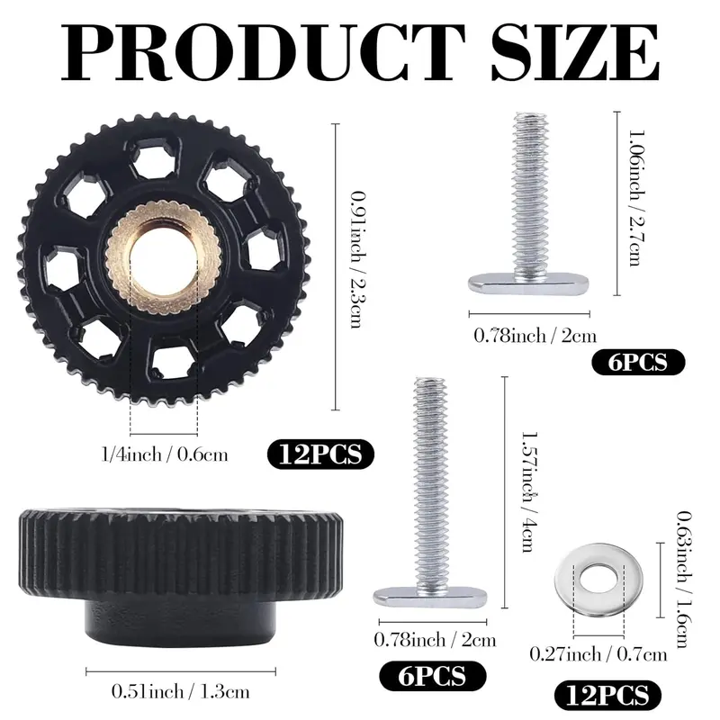 T Track Knob Kit, 12pcs/set T Track Knob & 1/4-20 Threaded Bolts & Washers, Track Accessories for Woodworking Jigs and Fixtures 1