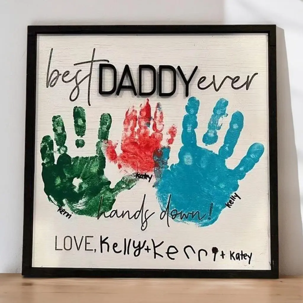 OVE_ Diy Father Day Gift Handprint Decoration for Dad Dad Ever Wooden Plaque Desk Father and Kids Handprint Keepsake Father's Day Gift from Daughter Son Papa Grandpa