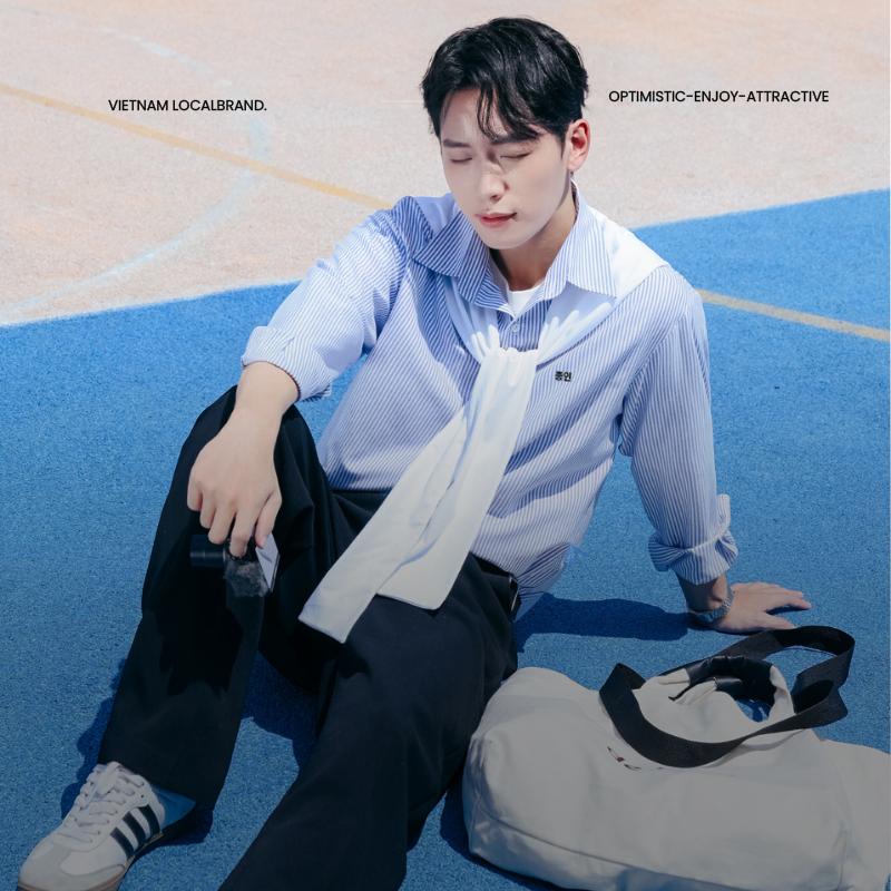 SHT031 Áo Sơ Mi Oxford-Shirt Kẻ Sọc Phối Khăn Regular Phong cách Hàn Quốc MANDO Menswear