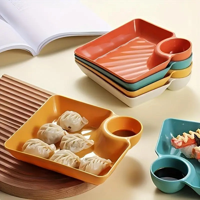 4pcs Dumpling Plate With Sauce Dish, Creative Square Snack Plate, Household Dipping Plate For Kitchen Dining Room Round Set 3