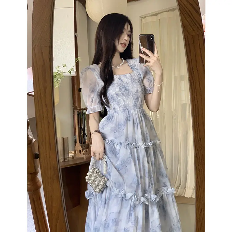 1211 Women's Sky Blue Casual Korean Long Floral Puffed Sleeves Dress Plus  Size XL Fairy Princess Puffy Short Dress - Womenswear - TikTok Shop  Philippines
