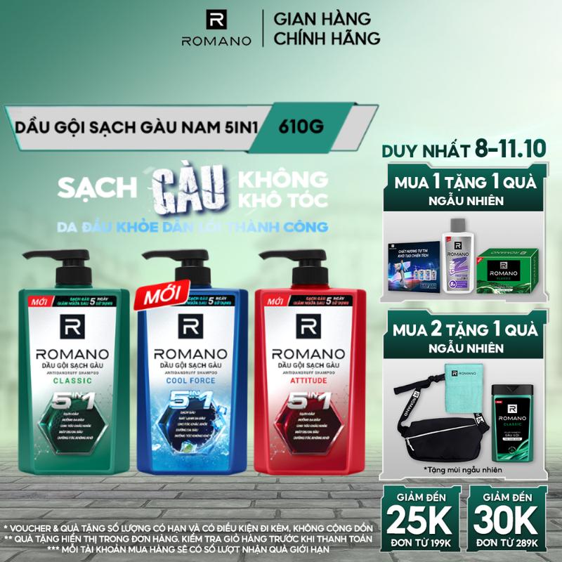 Dầu gội sạch gàu Dưỡng Tóc cho nam Romano 5in1 hương nước hoa Classic/ Force/ Attitude 610g-650g/chai - 3 mùi hương có sẵn