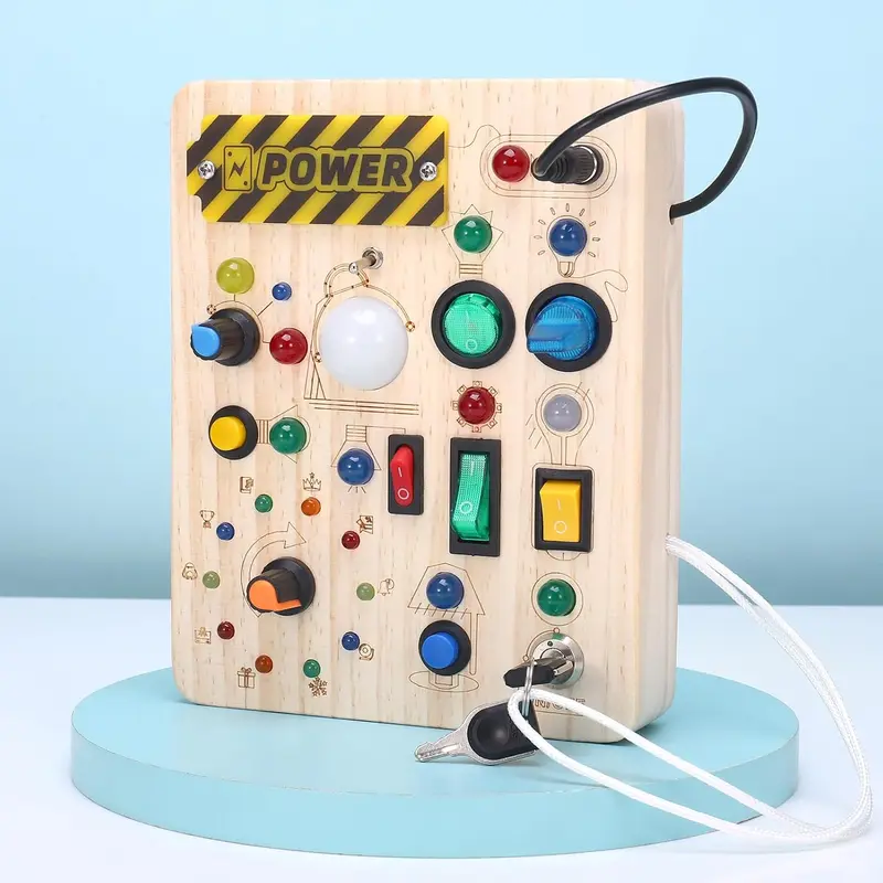 GSrenyu Busy Board for Toddlers, Sensory Board Toys Fidget Board with 23 LED Lights, Early Educational Learning Travel Toy Activity Board Wooden Toys for Boys Girls 2 3 4 Year Olds 6
