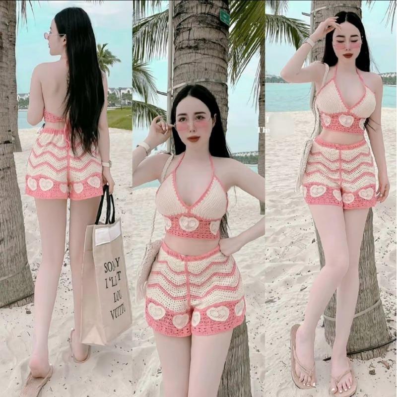 94-[CÓ SẴN]-Set đồ bơi bikini len móc 2 món gồm áo bra sắc màu +quần sóc cạp chun 1 lớp QC