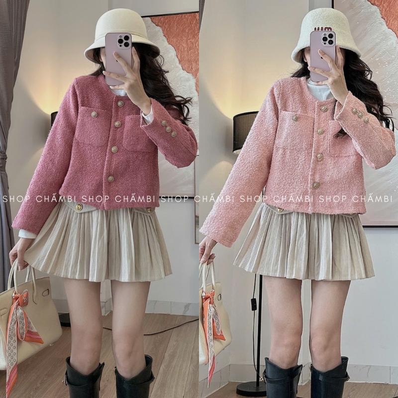 [HÀNG 2 LỚP] Áo dạ tweed A.675, Áo dạ lửng nữ cổ tròn 2 túi ngực dài tay siêu dày dặn phong cách trẻ trung, năng động - Shop Chấm Bi