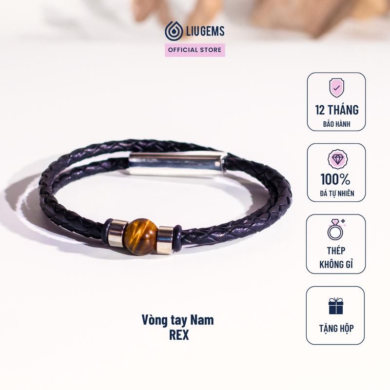 Vòng Tay Nam Đá Tự Nhiên 8 Ly Rex Liugems Dây Da Kết Hợp Charm Thép Không Gỉ Đơn Giản Cá Tính Nhiều Ý Nghĩa VTDD01 (Mua một, tặng một hộp đựng trang sức miễn phí)
