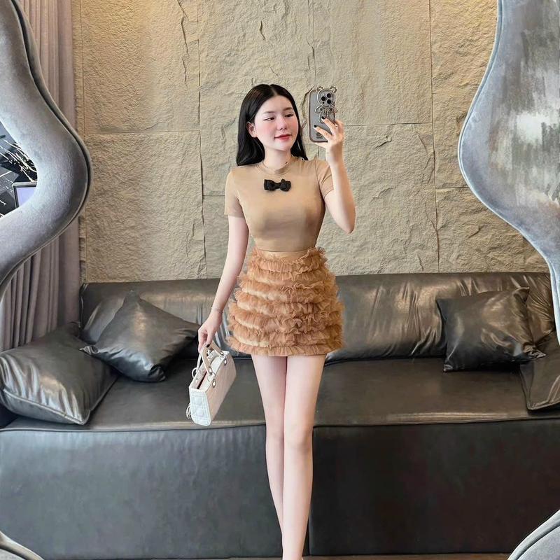 Set áo tăm lạnh ôm body đính nơ mix chân váy tầng bèo xinh dể thương mẫu mới đáng yêu Nữ 3