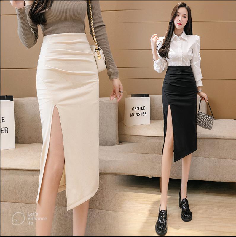 Chân Váy Bút Chì Dài Xếp Ly Che Bụng Dài 70cm Nữ Women Khuy Đen