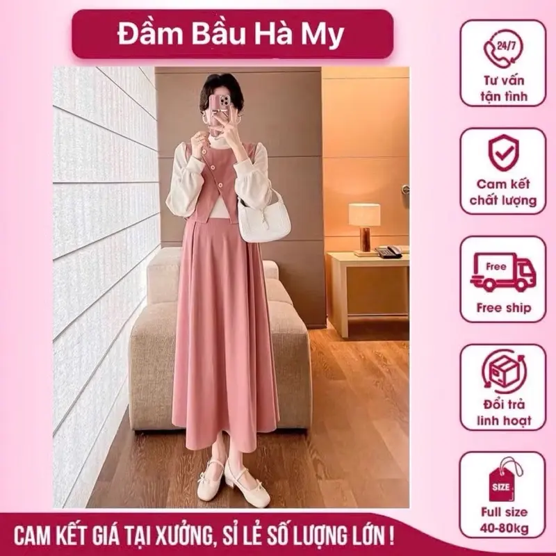 Váy bầu thu đông vạt chéo cổ 3 phân nhung tăm - Đầm Bầu - Thun