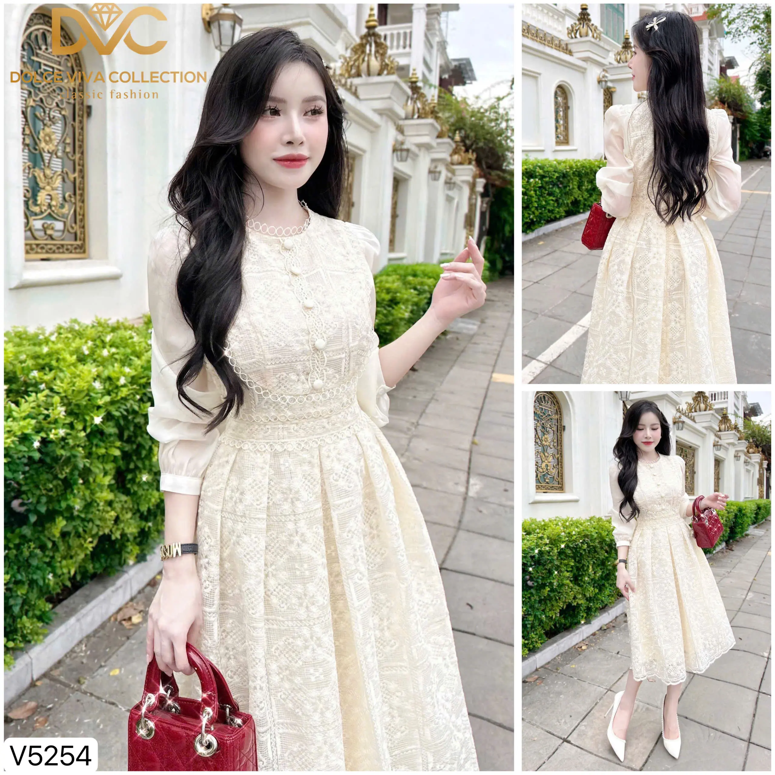 V5254 ẢNH THẬT/HỎA TỐC ĐẦM REN TẾT ĐI TIỆC PHỐI TAY DÀI DÁNG XÒE, NOEL MIỄN SHIP Nữ Women Dress Voan