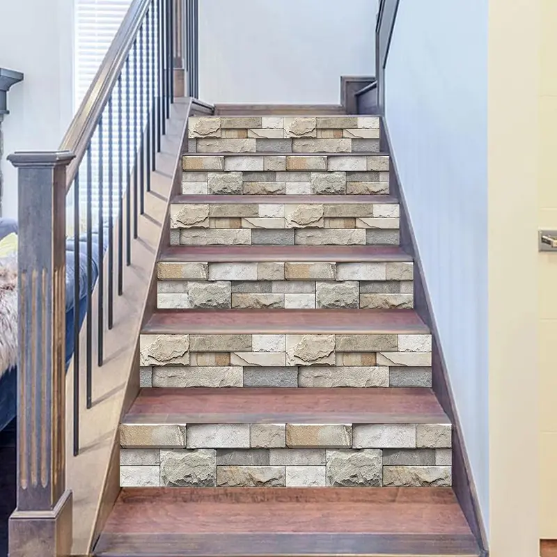 Stone Brick Pattern Stair Sticker, 6 Counts/13pcs/set Self Adhesive Stair Sticker, Decorative Sticker for Home Kitchen Bathroom 5