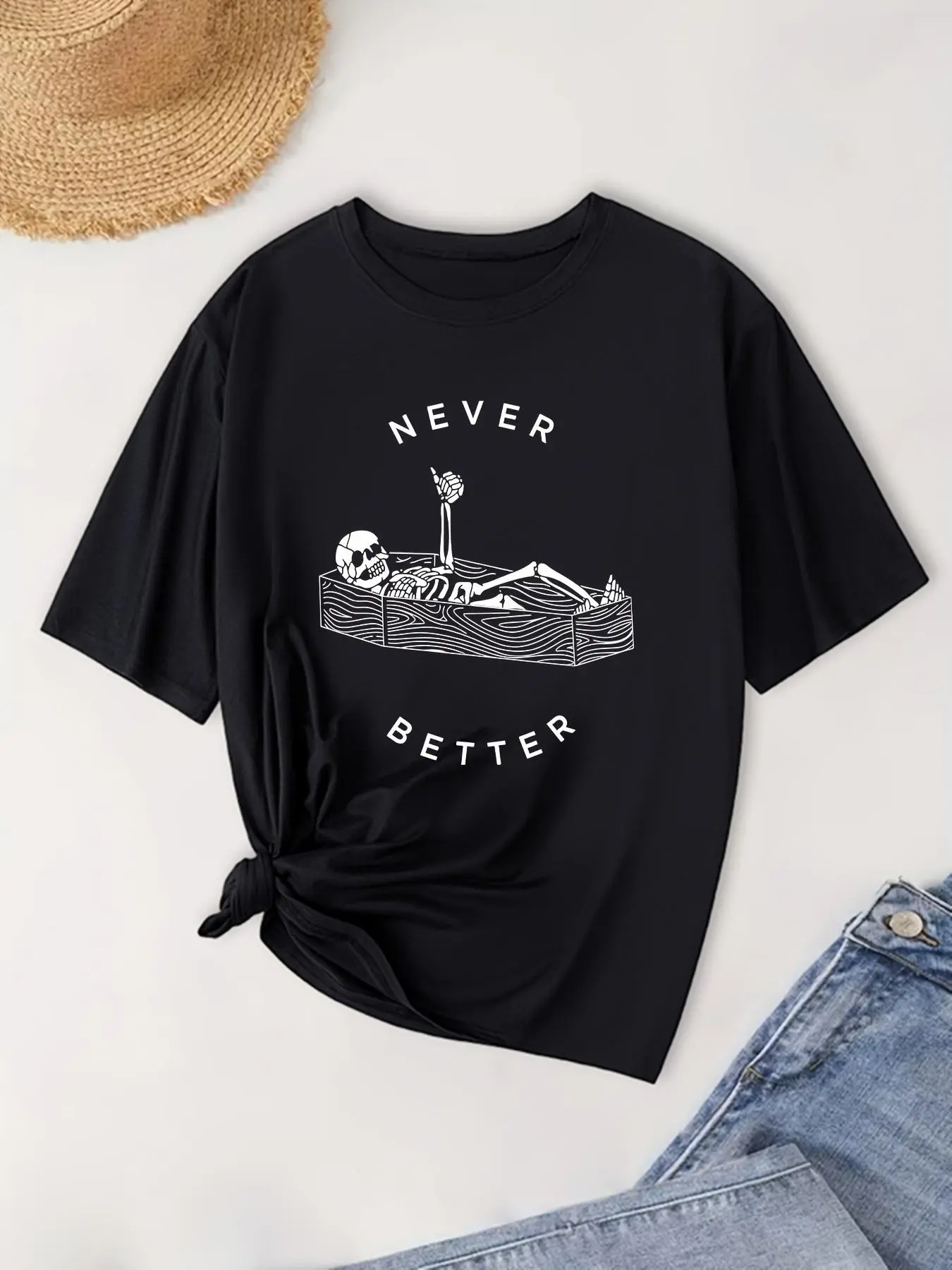 Plus Size Graphic Round Neck Tee, Never Better Letter Print Short Sleeve T-Shirt for Summer, Fashion Casual Women's Plus Clothing for Daily Wear