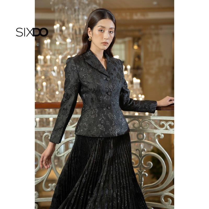 [HN]Áo vest gấm đen cổ V SIXDO (Black Leaf Peak Lapel Brocade Vest) 0