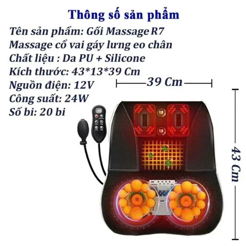 Gối massage hồng ngoại cao cấp có remote cầm tay động cơ rung, Máy mát xa cổ vai gáy lưng chân có nam châm từ tính, 20 bi xoay, bóp khí cầm tay hỗ trợ matxa toàn thân 7
