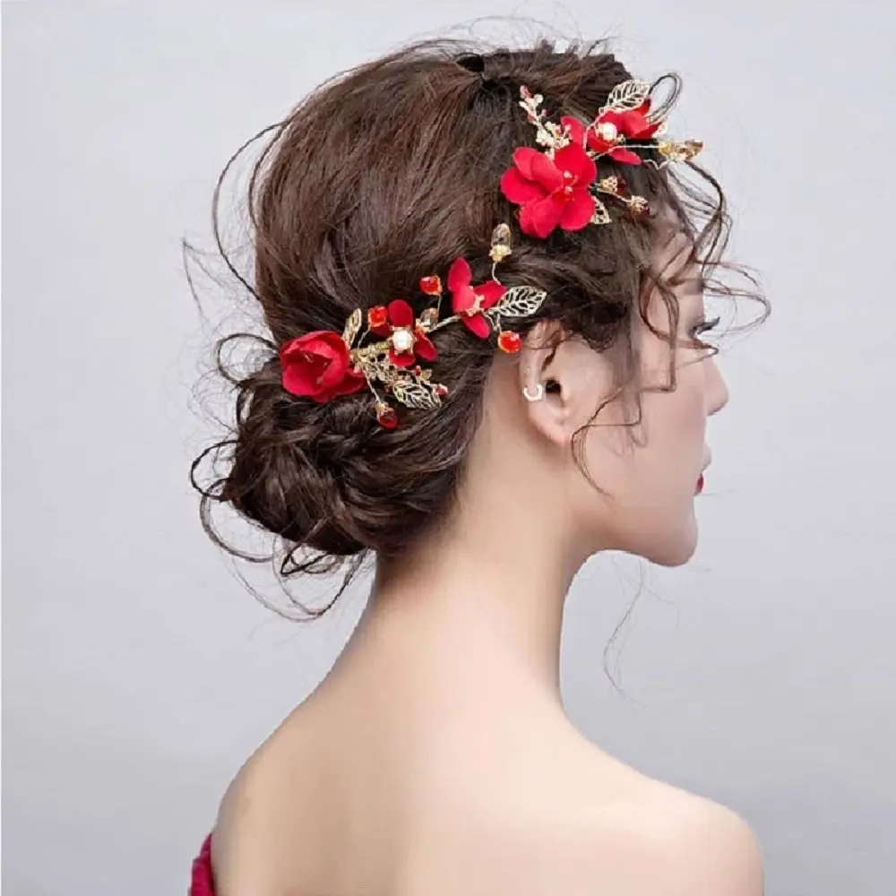 Retro For Girls New Year Leaf Hair Ornaments  Red Flower Festival Hairpins Duckbill Clips Chinese Hanfu Hair Clips Women Barrettes