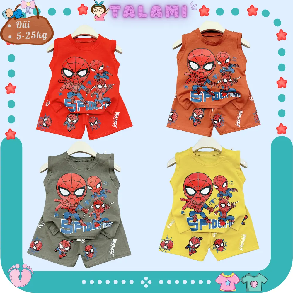 Bộ sát nách bé trai, bộ quần áo siêu nhân in hình nhện spiderman chất đũi mát cho bé trai 5-25kg