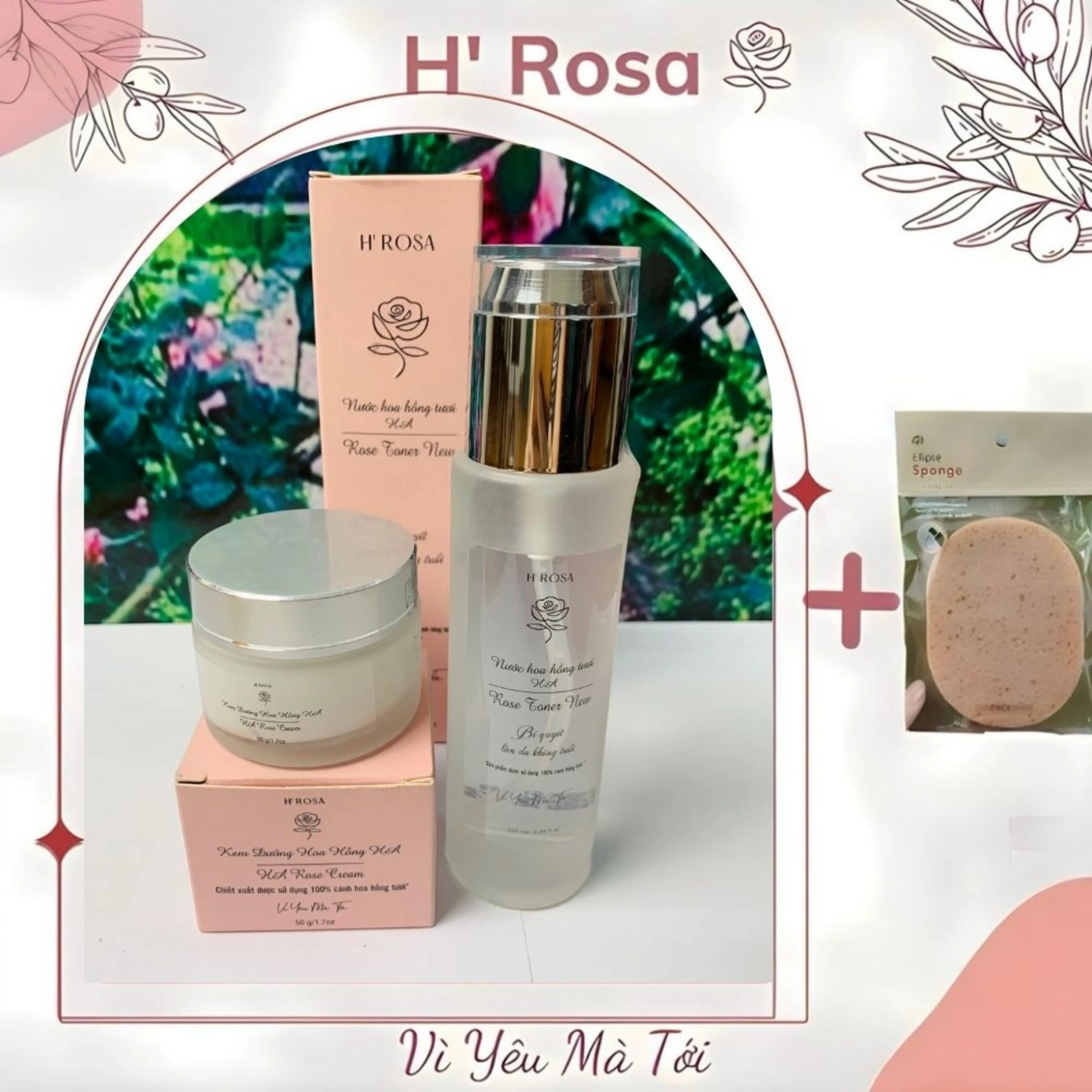 H’ROSA Combo Kem Dưỡng 50g ,Toner Hoa Hồng 100ml + Tặng Mút Rửa Mặt Cho Mọi Loại Da Bộ Chăm Sóc Da Dưỡng Ẩm Làm Đẹp Skincare