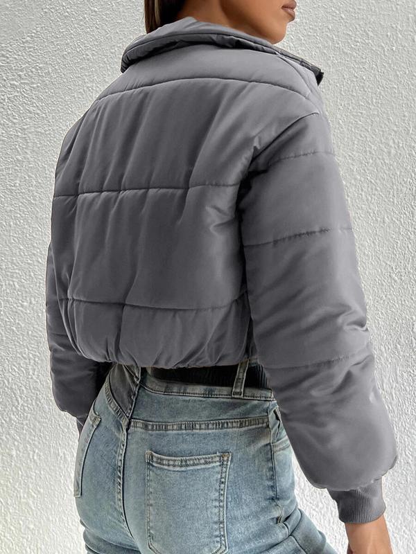 Women's Solid Zip Up Drop Shoulder Stand Collar Crop Puffer Jacket without Top, Coats for Women, Fashion Casual Mock Neck Zipper Short Coat, for Spring Fall Winter, Feminine Tops, Womens Tops 8