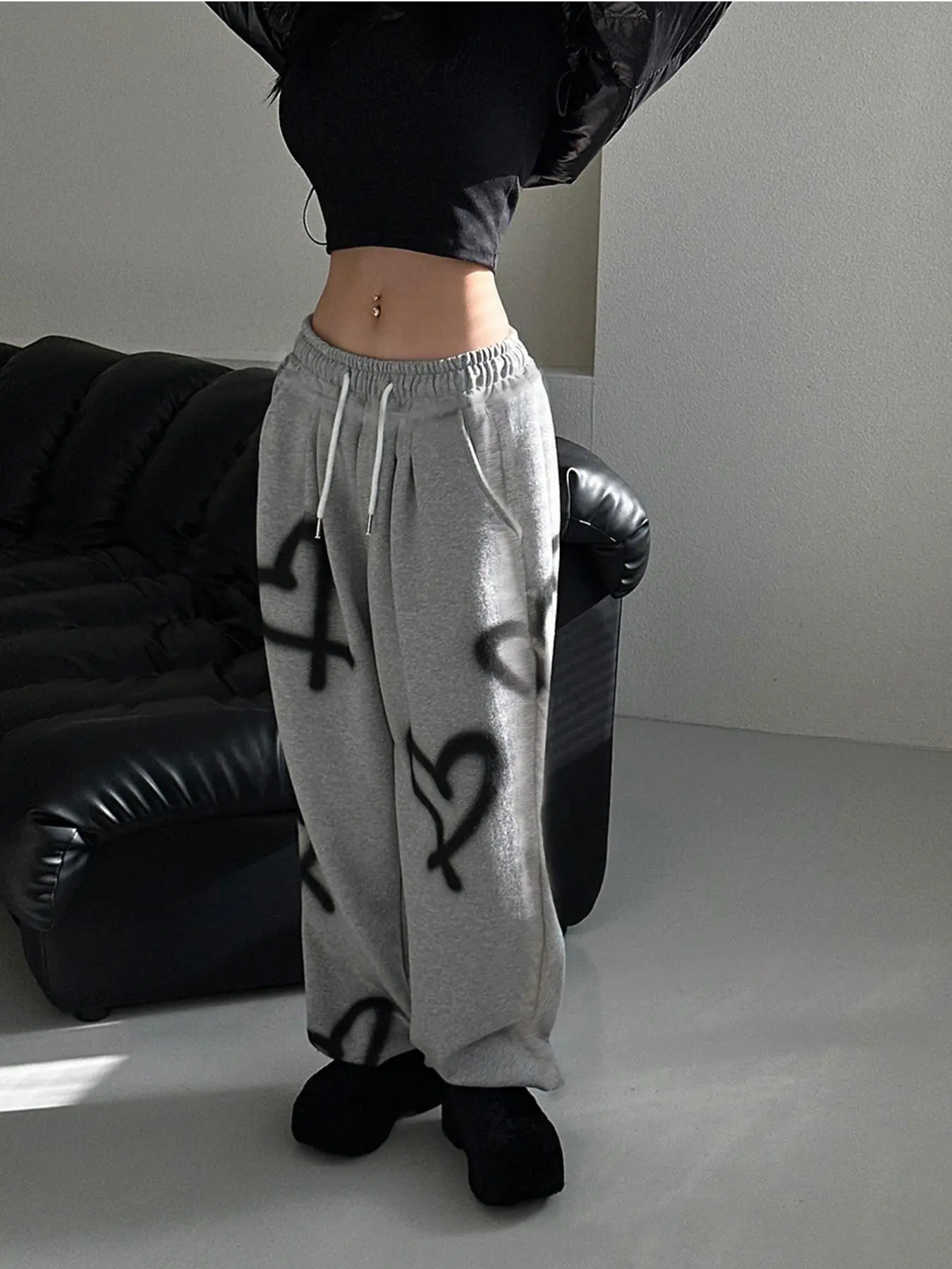 Women's Heart Print Drawstring Pants, Casual Sporty Wide Leg Pants for Daily Outdoor Wear, Fashion Ladies Bottoms for All Seasons, Pants for Women