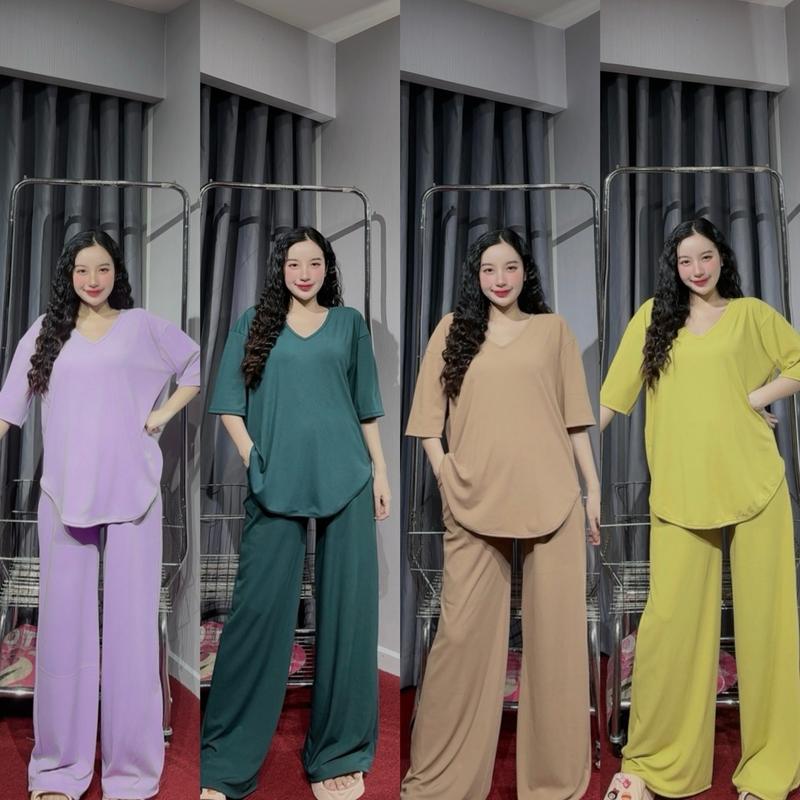 Set Thun Tăm áo cổ tim vạt bầu quần dài suông(40-70kg) S208-VTA Nữ Women Nhung Voi Top Đen Jacket