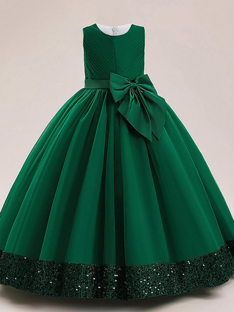 Product Introduction of Girl's Big Bow Decor Sleeveless Sequins Party Dress, Elegant Round Neck Fit & Flare Dress for Wedding Party, Kids Clothes for All Seasons, Girl Clothes 8