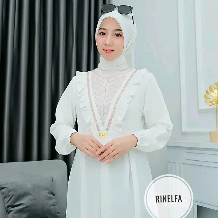 SELLA DRESS CRINKLE AIRFLOW MIX BROKAT & RENDA GAMIS CRINKLE LD 110 PB 135 Polos Cantik Muslim Vine White Dress lebaran crinkle premium anggun Formal Nyaman Kombinasi Mewah Panjang