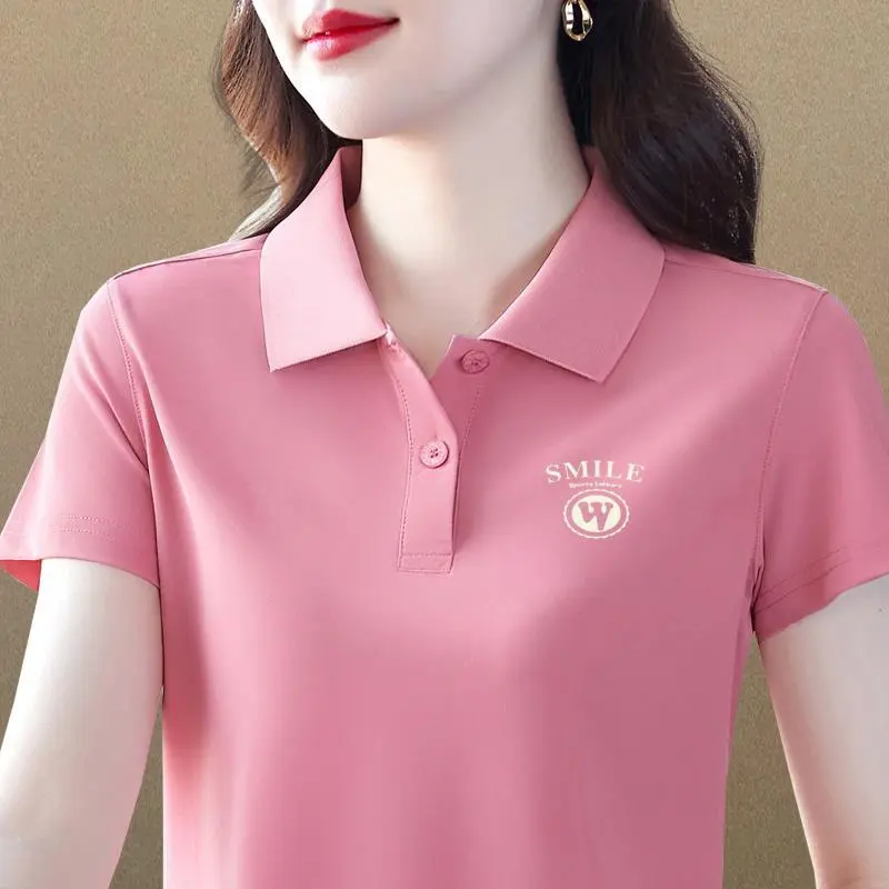 Áo Thun Ngắn Tay Mới, Ve Áo Lụa Lạnh, Dành Cho Mùa Hè Của Phụ Nữ, Mẹ TRUNG NIÊN, Áo Polo, Ngoại Cỡ, Thanh Lịch Và Thoải Mái, Áo Phong Cách Phương Tây, 2024