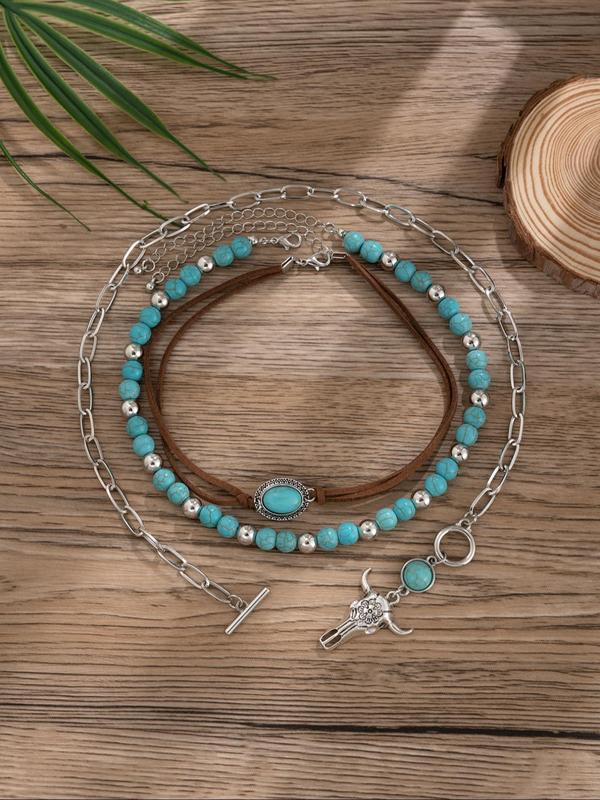 Vintage Cow Head Decor Beaded & Pendant Necklaces, Boho Style Turquoise Decor Luxury Jewelry for Women & Girls, Party, Daily Clothing Decor, Birthday Gift, Statement Necklace, Western Jewelry 2
