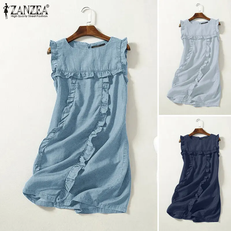 Váy Denim ZANZEA, Phong Cách Hàn Quốc, Dành Cho Nữ, Thường Ngày, Không Tay, Cổ Vuông, Xếp Nhún, Kiểu Váy Xòe Mini, Ghép Nối, Thích Hợp Cho Mùa Hè 6