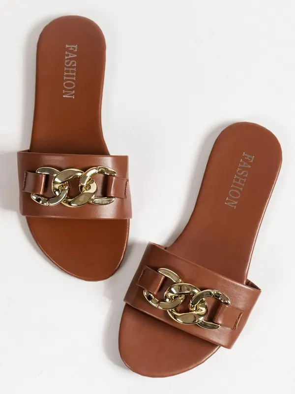 Women's Fashionable Chain Decorated Slide Sandals, Casual Comfortable Flat Sandals for Summer, Lightweight Breathable Slippers for Daily Wear, Walking Shoes, Classy Sandals 0