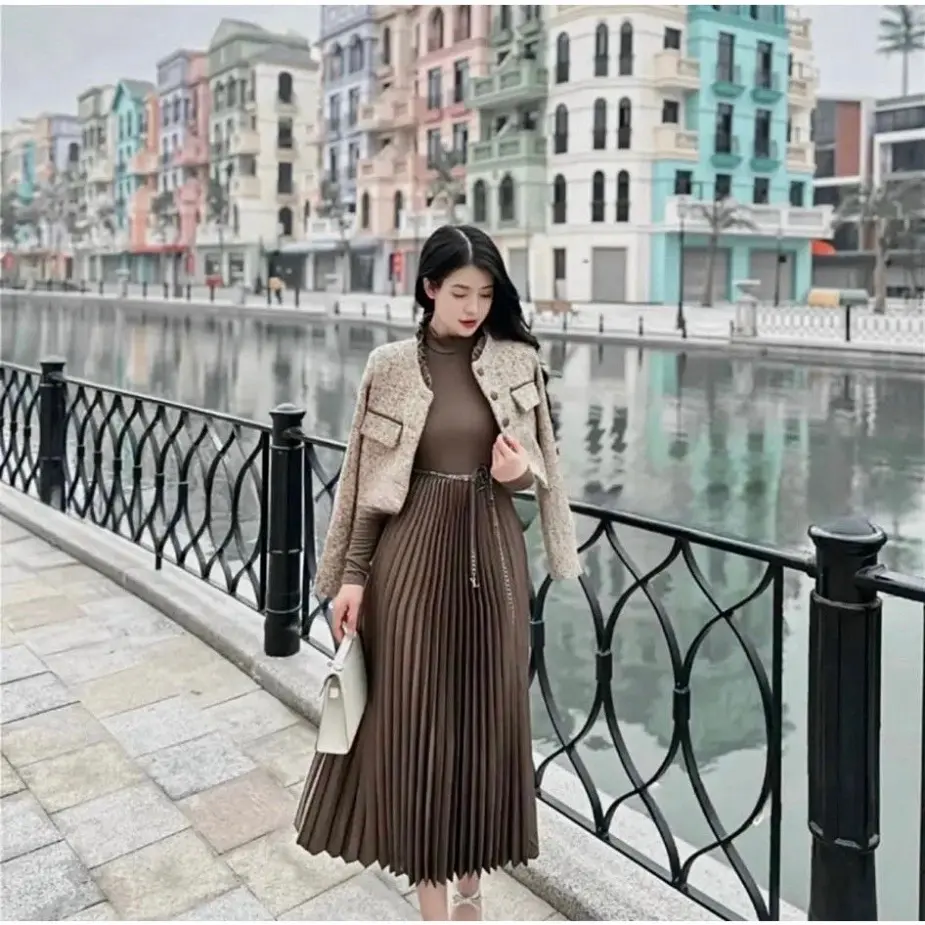 Set Dạ Thu Đông Set Dài Tay Mix Chân Váy MIDI Xếp Ly màu nâu tây