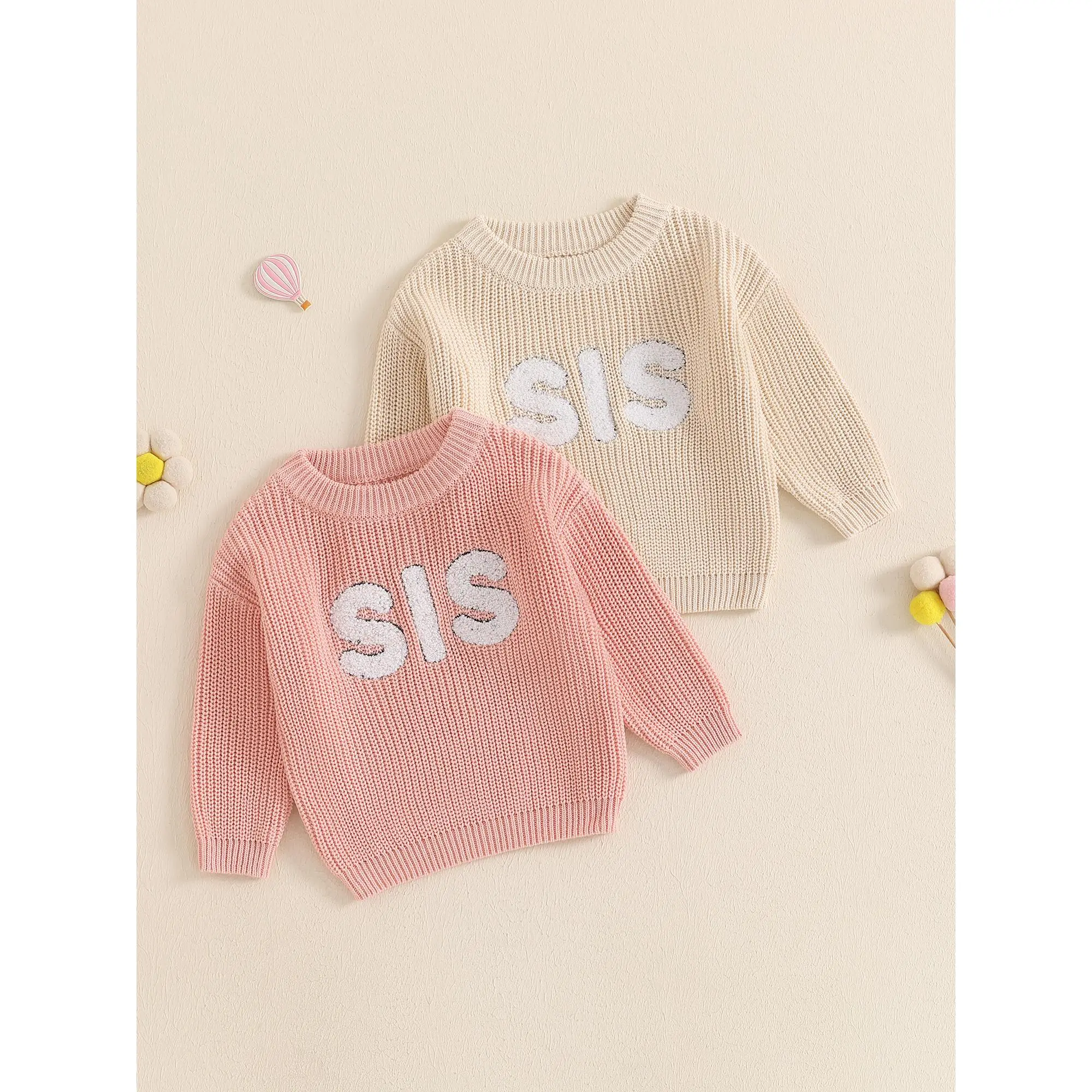Girls Fall Sweaters Letter Embroidered Long Sleeve Round Neck Ribbed Knitted Pullover