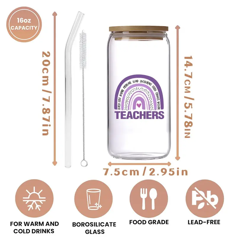 16oz Glass Cup, 1 Count Letter Pattern Glass Cup with Straw & Brush, Drinking Cup for Home Office School, Gift for Teacher 1