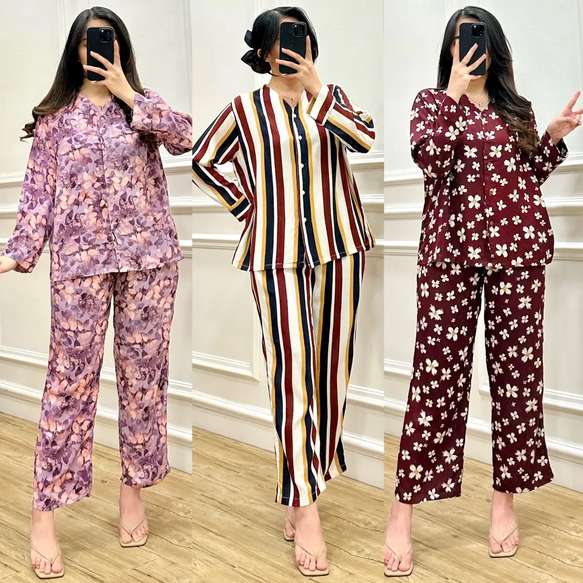 Amariel Reina OneSet Piyama Setelan Baju Celana Tidur Panjang Nyaman Busui Kancing