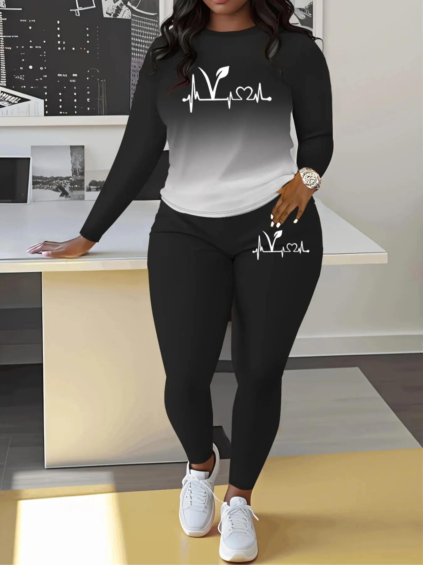 Women's Ombre Letter Print Sweatshirt & Skinny Pants Two-piece Set, Casual Tummy Flattering  Round Neck Long Sleeve Pullover & Trousers for Spring & Fall, Women's Clothes for Daily Wear