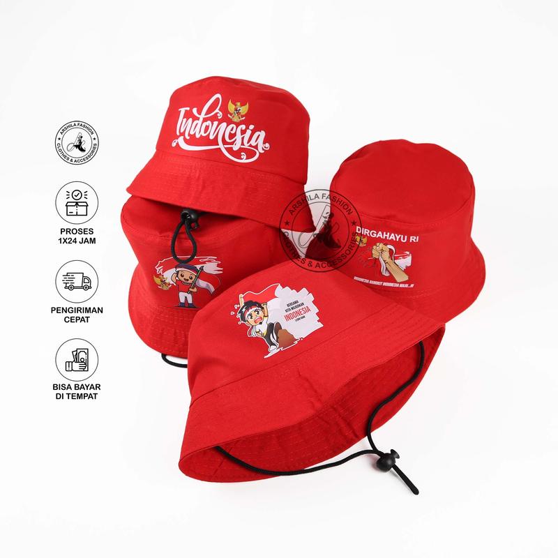 Product Introduction of Topi bucket Anak Laki Laki Perempuan Warna Merah sablon Indonesia HUT RI 10