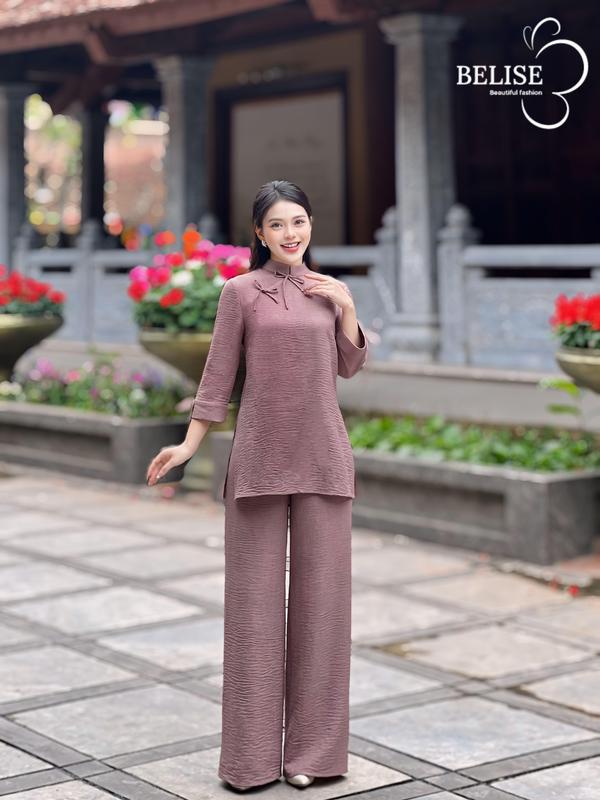 Pháp phục chất đũi xước nâu khoai môn cổ tàu có nơ trang trí - Belise Fashion Nữ Voi Women Áo 2