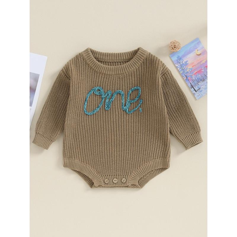 Infant Baby Knit Jumpsuit Letter Embroidered Long Sleeve Round Neck Romper Fall Winter Outfits 5