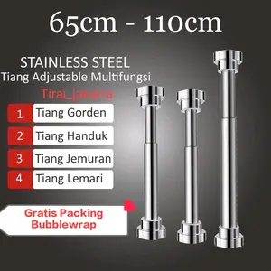 Tiang fleksibel stainles 65-110cm / Tiang Hordeng Fleksibel Besi Gorden Pipa Gantungan Kamar Mandi Lemari Gawang Baju Tiang gorden fleksibel Tirai kamar mandi Tirai Kamar Mandi Anti Air Paku Stainless