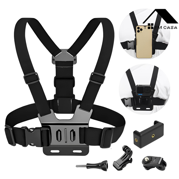 Suporte de peito ajustável para celular e câmera GoPro no peito para motocicleta e bicicleta