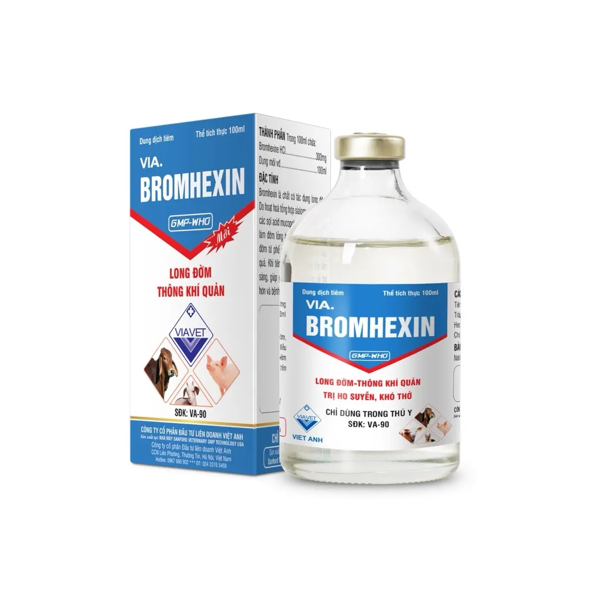Bromhexin Thông khí quản, Tác dụng loãng đờm, long đờm, tan đờm, thông khí quản, cắt cơn ho hen.lọ tiêm 100ml (thuốc bổ cho vật nuôi)